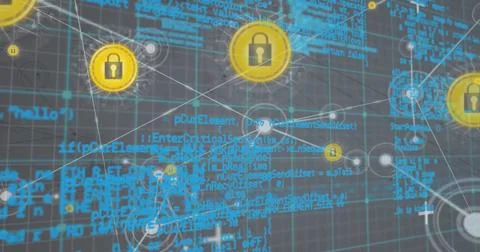 Displaying large yellow padlock icon hovering over grid environment, with white Stock Photos