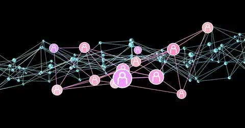 Displaying largest pink-purple user-avatar icon linking cyan nodes in network Stock Photos