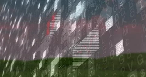 Displaying layered abstract digital panels angling right over grassy field at Stock Illustration