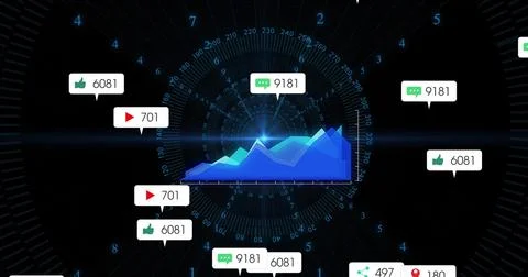 Displaying layered blue area chart over radial grid at data dashboard, with Stock Photos