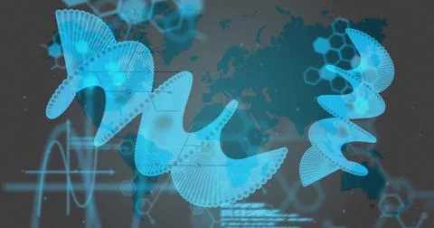 Displaying layered blue wave surfaces and world map on dashboard, with Stock-Illustration