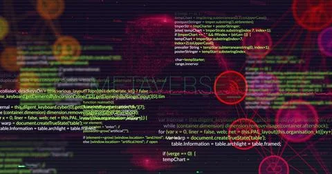 Displaying layered code and network visualization glowing with red HUD targets 스톡 사진