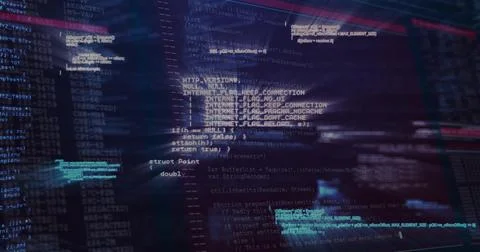 Displaying layered code and terminal windows on developer workstation screen, イラスト素材