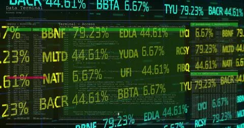 Displaying layered data dashboard filling widescreen display, with terminal Illustrazione stock
