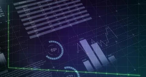 Displaying layered data dashboard on screen, showing index table, 69% gauge,  Stock Illustration