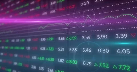 Displaying layered digital dashboard showing market data on-screen, with nume イラスト素材