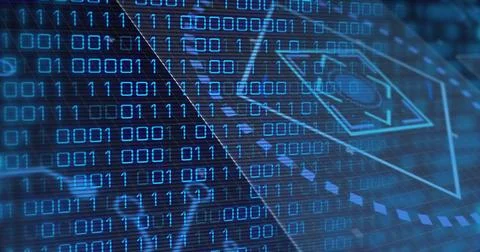 Displaying layered digital data visualization on screen, showing binary code Illustrazione stock