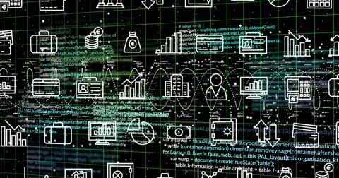 Displaying layered digital data visualization occupying center on dark grid, Stockillustratie