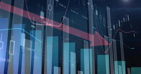 Displaying layered financial chart on digital display, showing teal bars, red Stock Illustration