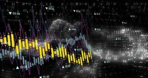 Displaying layered financial charts in data space, showing yellow candles, Stock Illustration