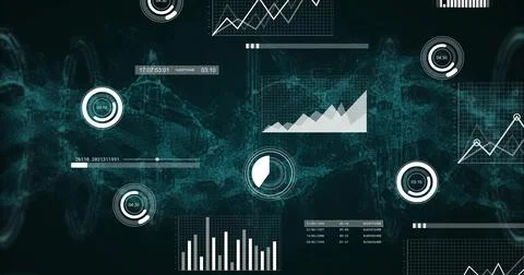 Displaying layered HUD on analytics dashboard, with circular gauges, line 스톡 일러스트