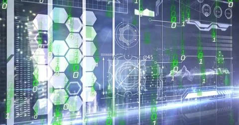 Displaying layered HUD interface overlaying city skyline in control room, with 스톡 일러스트