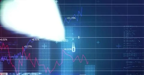 Displaying layered line graphs and bar charts on trading screen, with % label Illustrazione stock