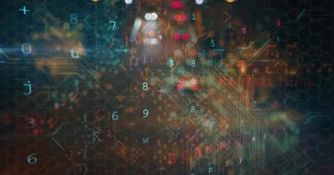 Displaying layered network visual in virtual UI showing hex grid, nodes, digits, Stock Photos