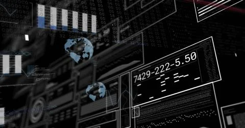 Displaying layered panels scrolling binary digits and rotating globe icons in 스톡 사진