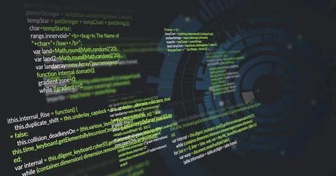 Displaying layered programming code and circular HUD graphic in digital Illustration
