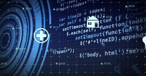Displaying layered programming code and UI icons centered on dashboard showing Fotos de archivo
