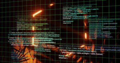 Displaying layered source code and turquoise perspective grid in digital Stock Photos