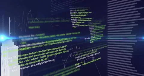 Displaying layered syntax-highlighted code planes floating within virtual UI, Stock Illustration