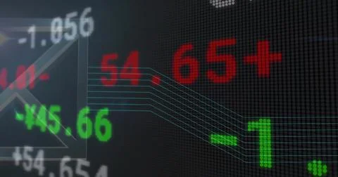 Displaying LED panel showing red 65+ and green -1 numerals on trading monitor, 스톡 일러스트