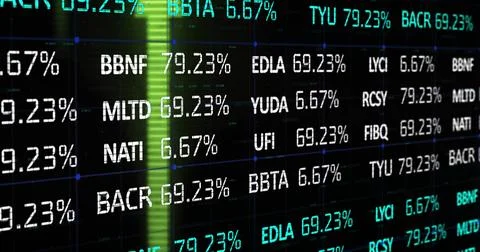 Displaying LED ticker showing alphanumeric symbols and percentages in trading Stock Illustration