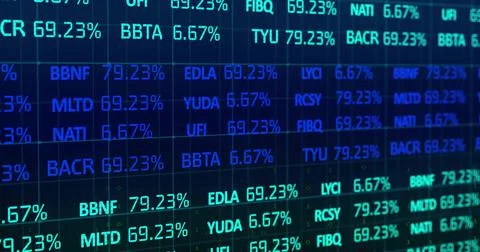 Displaying LED wall showing glowing tickers and percent values on trading floor, イラスト素材