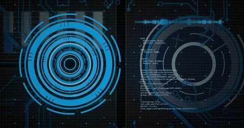 Displaying left cyan ringed HUD on grid with right grey HUD, code, divider, Stock Illustration