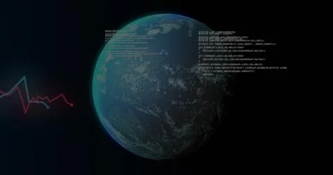 Displaying left-lit Earth-like planet in near-Earth orbit while showing HUD code イラスト素材
