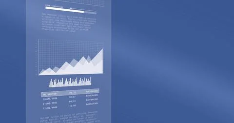 Displaying left vertical data panel showing area, bar charts with data table on Stock Photos