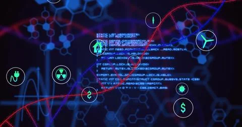 Displaying light-blue code block on digital backdrop, with ECG waveform, red DNA Stock Photos