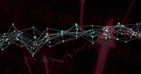 Displaying light blue nodes with lines over red chart with numeric data, upward, 库存插图