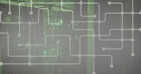 Displaying light gray circuit network overlay moving over mesh panel grid, with Foto stock