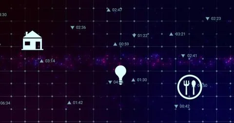 Displaying lightbulb map-pin centered on blue grid with purple nebula, house and Stock Illustration