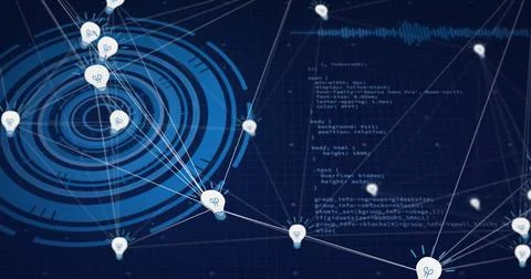 Displaying lightbulb node icons around concentric interface on dark blue grid, Stock-Fotos