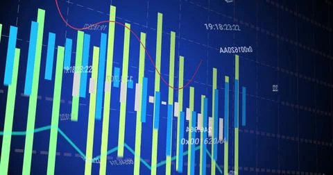 Displaying lime, cyan, blue bars and showing red, teal lines on trading Stock Illustration