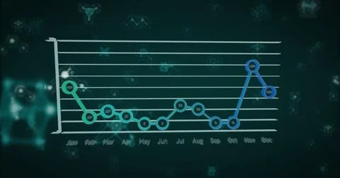Displaying line chart featuring colored data points, gridlines, tech icons on Illustrazione stock