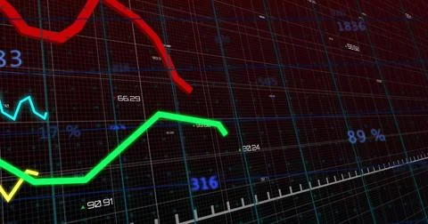 Displaying line chart glowing on dark 3D grid, showing green red cyan yellow Stock Illustration