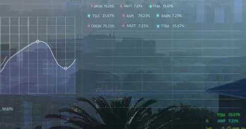 Displaying line chart showing data points over city street, with bars, arrows, Stock Photos