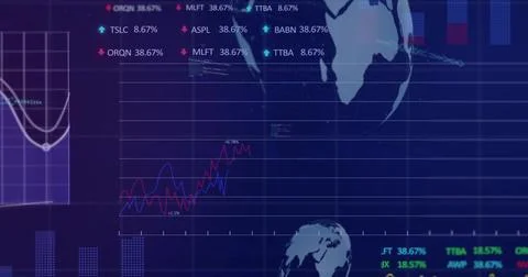 Displaying line chart showing red and blue series on trading screen, globes a Ilustración de archivo