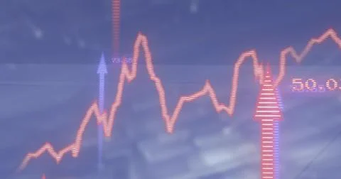Displaying line chart at trading screen with purple, red-striped arrows marking Stock Illustration