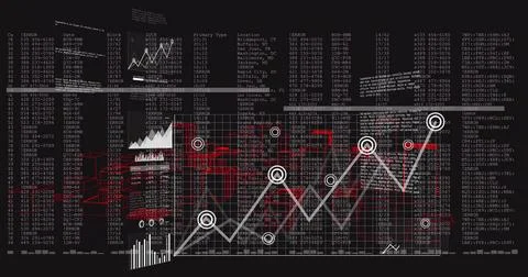Displaying line graph connecting circular markers across grid panel, with red 3D Stock Photos