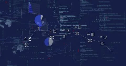 Displaying line graph connecting data points on blue dashboard with code panels Foto stock