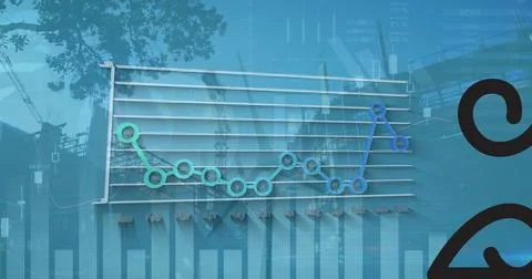 Displaying line graph hovering over construction site, with bar and candlestick Stockfoto's