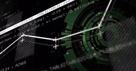 Displaying line graph intersecting green HUD visualization on dark dashboard, Stock Photos