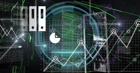 Displaying line graph overlay on server rack, with circular markers, HUD circles Illustrazione stock