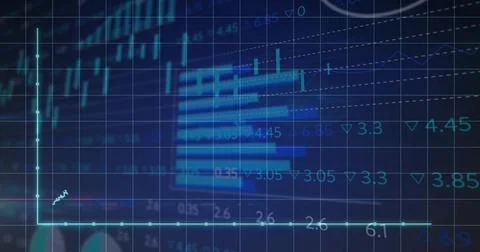Displaying line graph rising on navy grid at trading terminal, with bar charts Stock Illustration