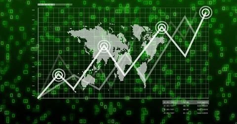 Displaying line graph trending up on screen, with dotted world map, grid line Stock Photos