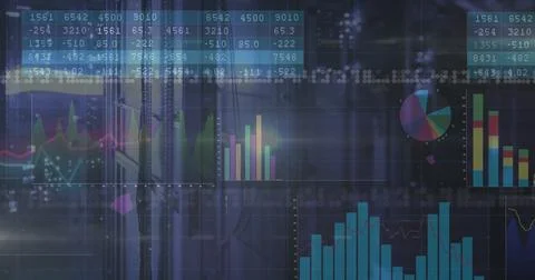 Displaying line graphs and bar charts overlaying racks in server room, with Stock Photos