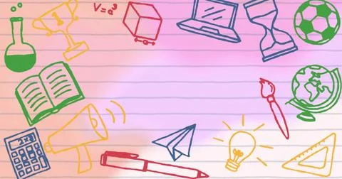 Displaying lined notebook sheet on pastel gradient, featuring laptop and globe Stock Illustration