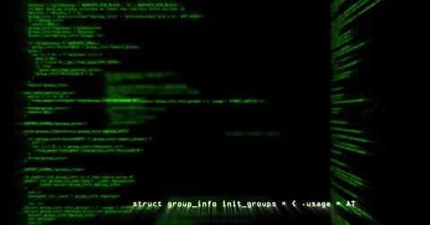 Displaying lines of green monospaced C code scrolling across terminal window, Stock Illustration